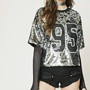 FOREVER 21 Silver Sequin Crop Top with “95” Graphic, Size Medium